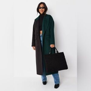 MISSGUIDED Oversized Green Plaid Spliced Formal Coat